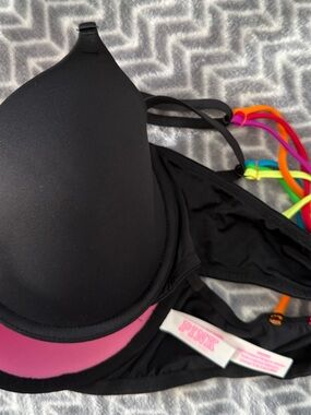 Victoria's Secret PINK Black Bra 36C with Neon Multi-Color Straps front closure.